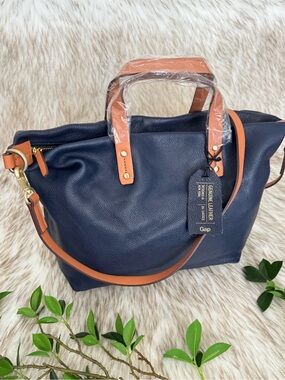 GAP Navy Leather Tote with Tan Handles and Strap